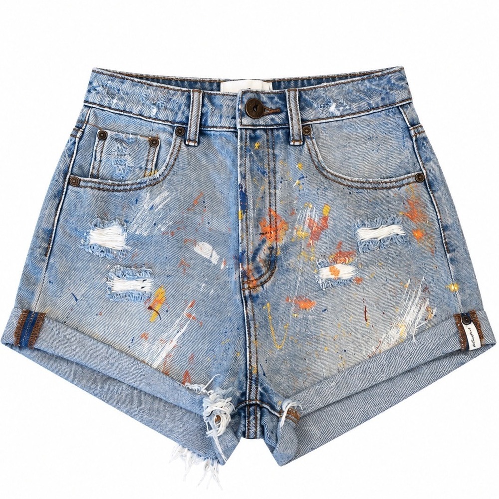 One Teaspoon High Waist Bandits Denim Shorts Paint Splatter Distressed Blue 26 - Picture 1 of 9